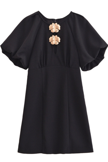 casual non-stretch flower button crew neck mini dress