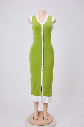casual slight stretch ribbed knit v-neck contrast color midi dress