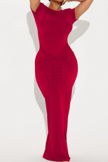 casual slight stretch crew neck solid color kink maxi dress