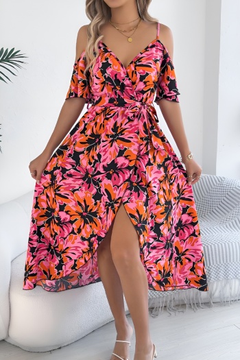 bohemian style non-stretch floral printing v-neck sling midi dress with belt