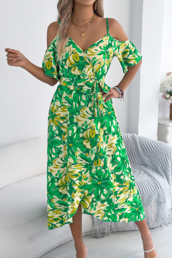 bohemian style non-stretch flower printing v-neck sling midi dress with belt