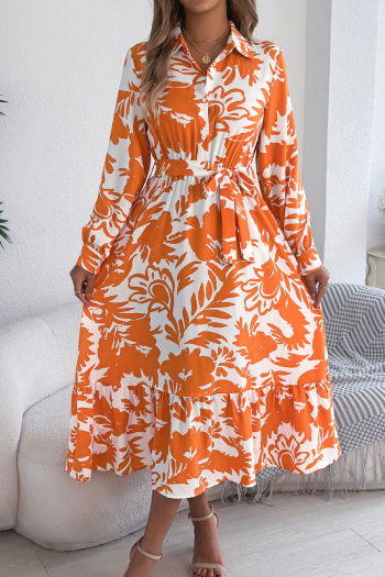 casual non-stretch 3 colors graphic print long sleeve midi shirtdress with belt