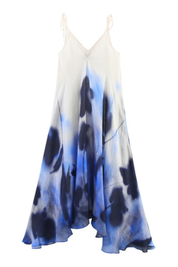 casual non-stretch v-neck lace-up batch printing midi dress
