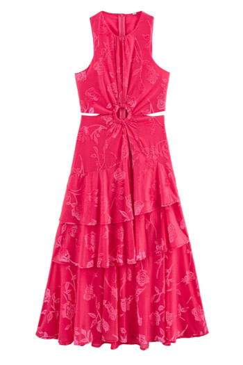 casual non-stretch crew neck flocking flower zip-up midi dress