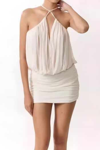 sexy non-stretch solid color chiffon pleated sling deep v backless mini dress