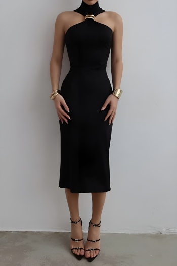 casual slight stretch solid color slim sleeveless midi dress