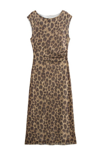 casual slight stretch leopard printing mesh crew neck sleeveless maxi dress