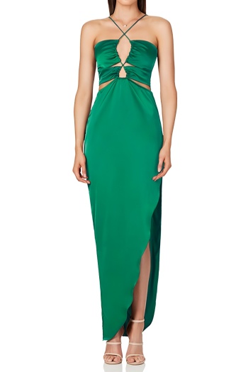 sexy slight stretch satin 4 colors hollow out maxi dress