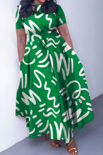 casual plus size slight stretch graphic printing 3 colors tie-waist maxi dress