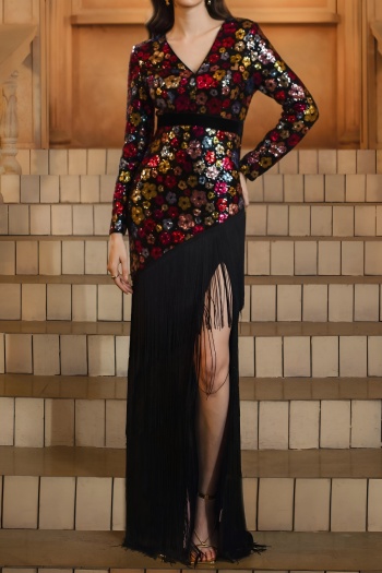 elegant slight stretch sequin tassel padded v-neck maxi dress