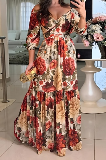 bohemian style plus size slight stretch floral printing v-neck maxi dress