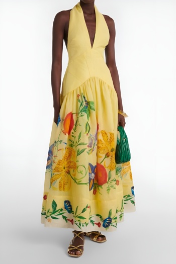 casual non-stretch deep v-neck large backless batch printed maxi dress