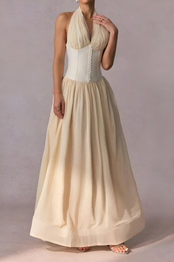 elegant slight stretch mesh stitching halter-neck maxi dress