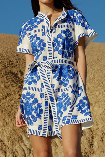 casual non-stretch contrast color flower printing with belt mini dress
