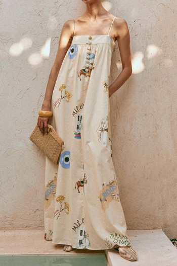 casual plus size non-stretch sling batch printing button decor maxi linen dress