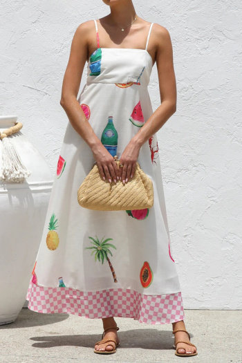 casual plus size non-stretch sling fruit print maxi linen dress