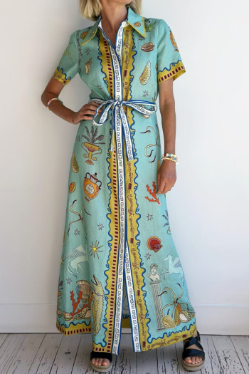 casual plus size non-stretch batch printing slit maxi dress with belt