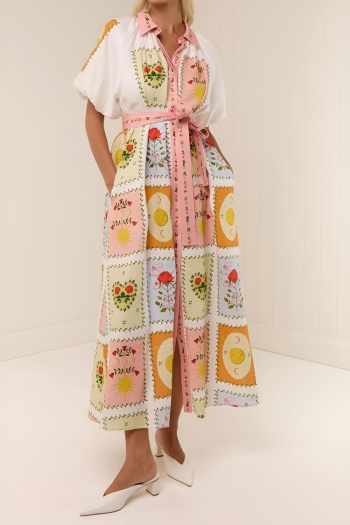 casual plus size non-stretch printing loose maxi linen dress with belt