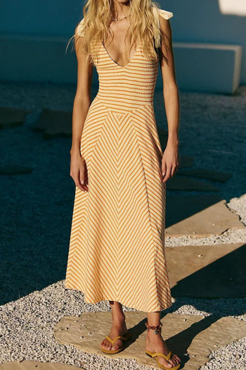 casual non-stretch 7 colors stripe printing v-neck maxi dress