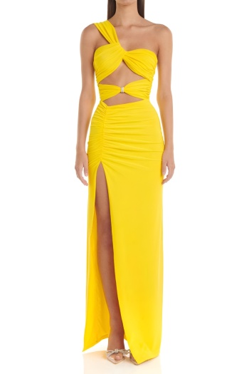sexy slight stretch solid one shoulder hollow slim fit slit pleated maxi dress