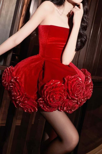 elegant non-stretch high-quality velvet tube top flower decor mini dress