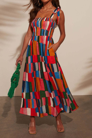 Casual non-stretch sling multi-color contrast color maxi dress