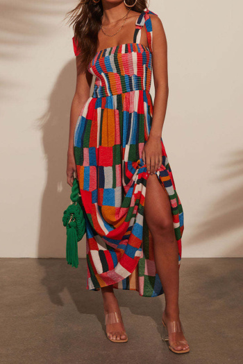 Casual non-stretch sling multi-color contrast color maxi dress