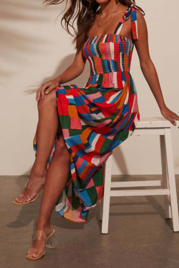 Casual non-stretch sling multi-color contrast color maxi dress