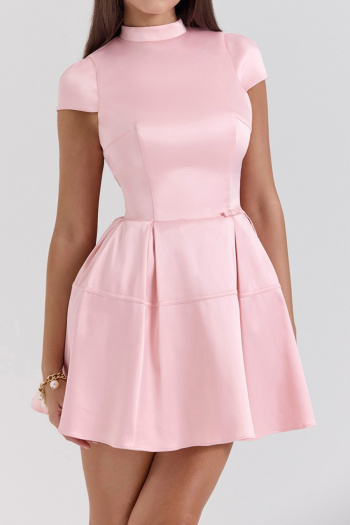 Casual non-stretch solid color hollow backless short-sleeved mini dress