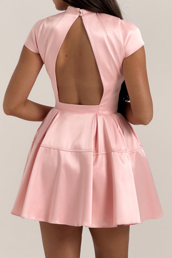 Casual non-stretch solid color hollow backless short-sleeved mini dress