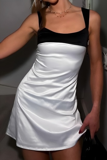 Stylish slight stretch satin color-block zip-up side backless sling mini dress