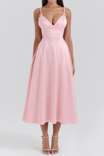 Casual non-stretch simple solid color sling midi dress