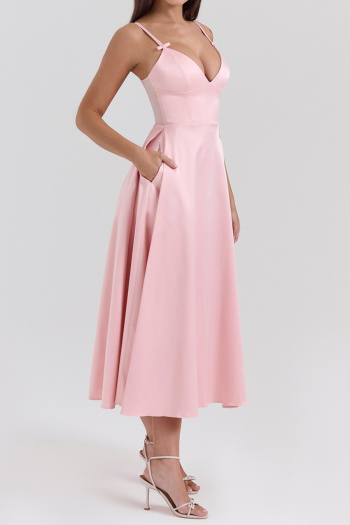 Casual non-stretch simple solid color sling midi dress