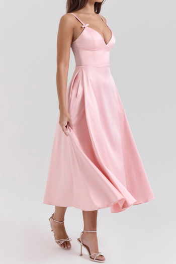 Casual non-stretch simple solid color sling midi dress