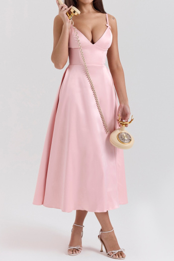 Casual non-stretch simple solid color sling midi dress
