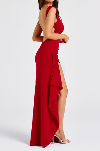 Sexy slight stretch solid color sleeveless high slit large backless maxi dress