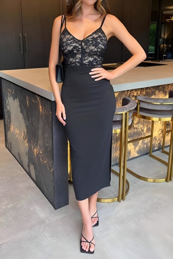 Sexy slight stretch lace stitching backless sling split side midi dress
