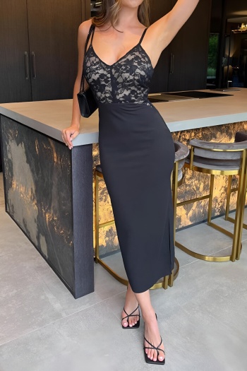 Sexy slight stretch lace stitching backless sling split side midi dress
