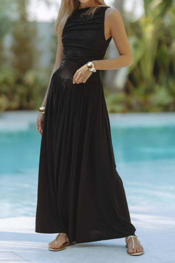Casual slight stretch solid color slim fit pleated sleeveless maxi dress