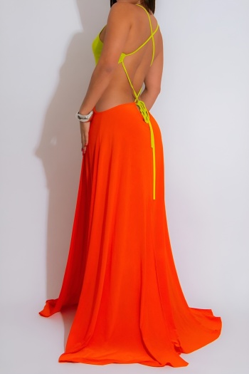 Sexy plus size stretch color-block hollow out ring linked high slit maxi dress