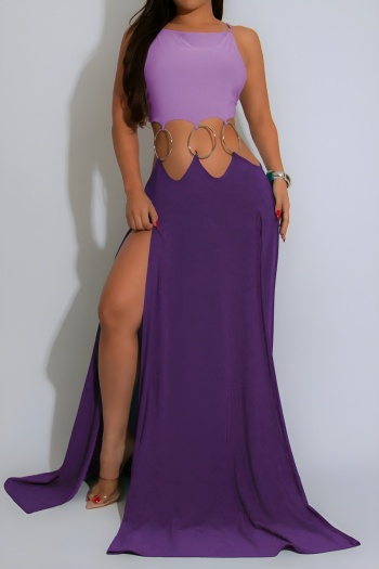 Sexy plus size stretch color-block hollow out ring linked high slit maxi dress