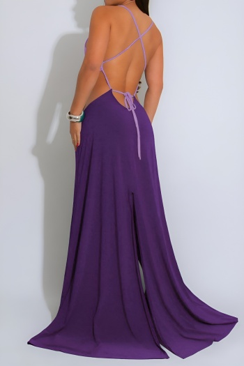 Sexy plus size stretch color-block hollow out ring linked high slit maxi dress