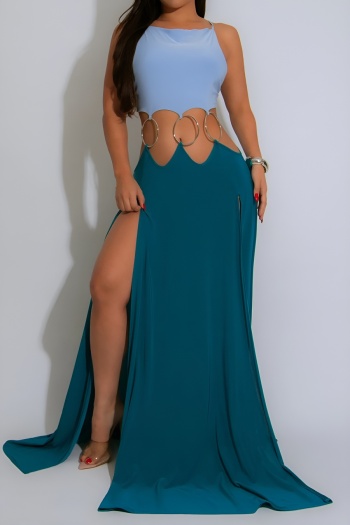 Sexy plus size stretch color-block hollow out ring linked high slit maxi dress