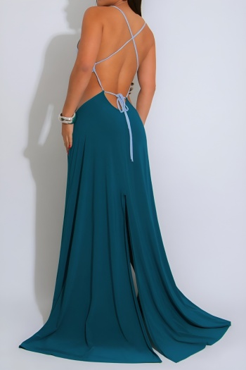 Sexy plus size stretch color-block hollow out ring linked high slit maxi dress