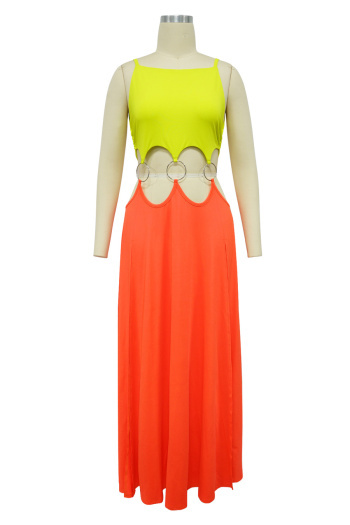 Sexy plus size stretch color-block hollow out ring linked high slit maxi dress