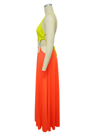 Sexy plus size stretch color-block hollow out ring linked high slit maxi dress