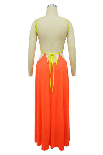 Sexy plus size stretch color-block hollow out ring linked high slit maxi dress