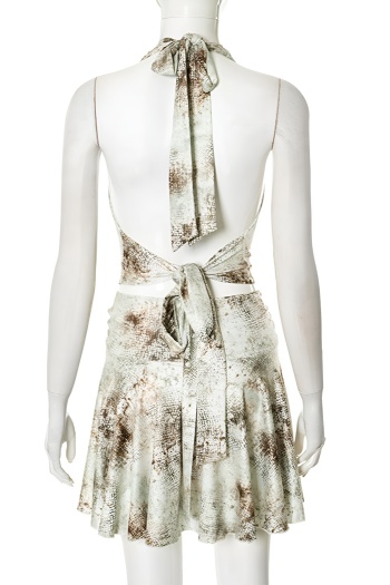 Sexy slight stretch graphic print deep v halter-neck lace-up hollow mini dress