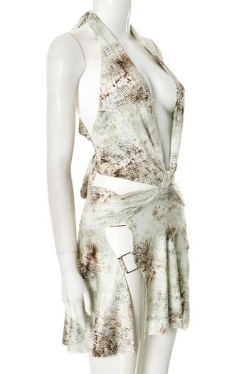 Sexy slight stretch graphic print deep v halter-neck lace-up hollow mini dress