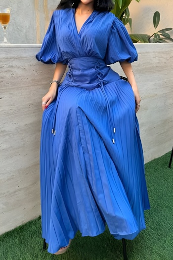 retro chic non-stretch pure color v-neck lace-up lantern sleeve maxi dress